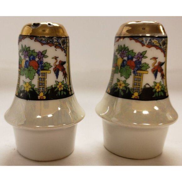 Salt & Pepper Shakers- Lusterware/ Gilt Tops/  Birds & Fruit- Made in Japan - Picture 1 of 5